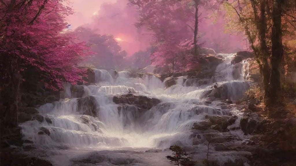 Image similar to the most beautiful abstract painting, where a giant dreamy waterfall creates a river, the trees around are starting to bloom in pink color, a ray light of the sunset is brightening the subject, by greg rutkowski