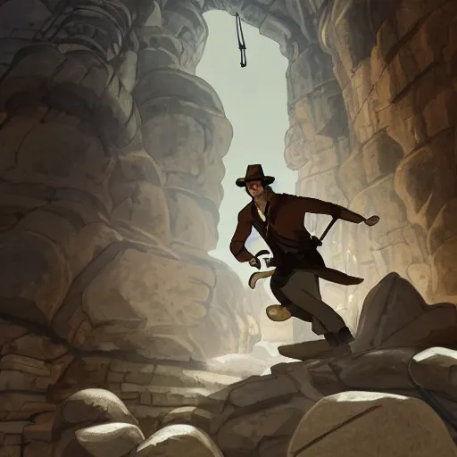 Prompt: Indiana Jones being chased by a boulder trap underground, boulder chase, inside ancient stone temple background, Indiana Jones running away from big round stone, raiders of the lost ark, detailed background, anime key visual