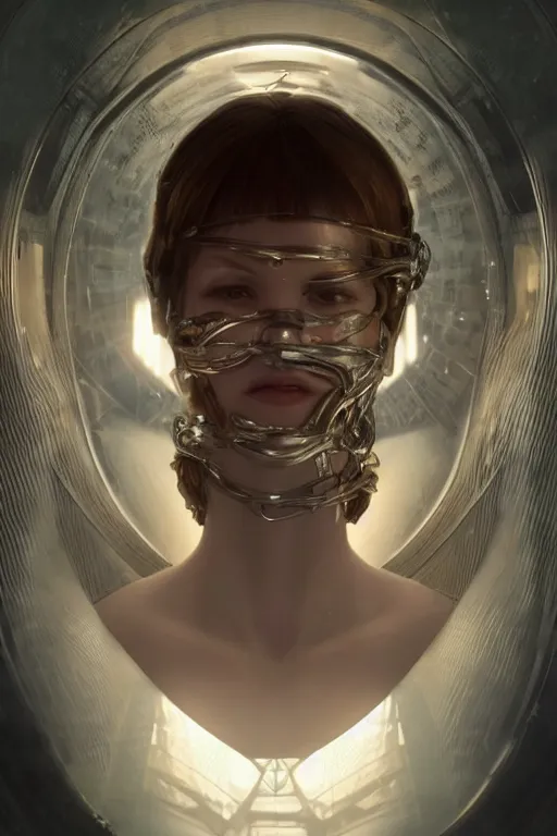 Image similar to beautiful and enigmatic artificial intelligence held captive in a remote research facility. vulnerability and innocence, ultra realistic, sharp details, subsurface scattering, intricate details, warm lighting, beautiful features, highly detailed, photorealistic, octane render, 8 k, unreal engine, art by artgerm and greg rutkowski and alphonse mucha