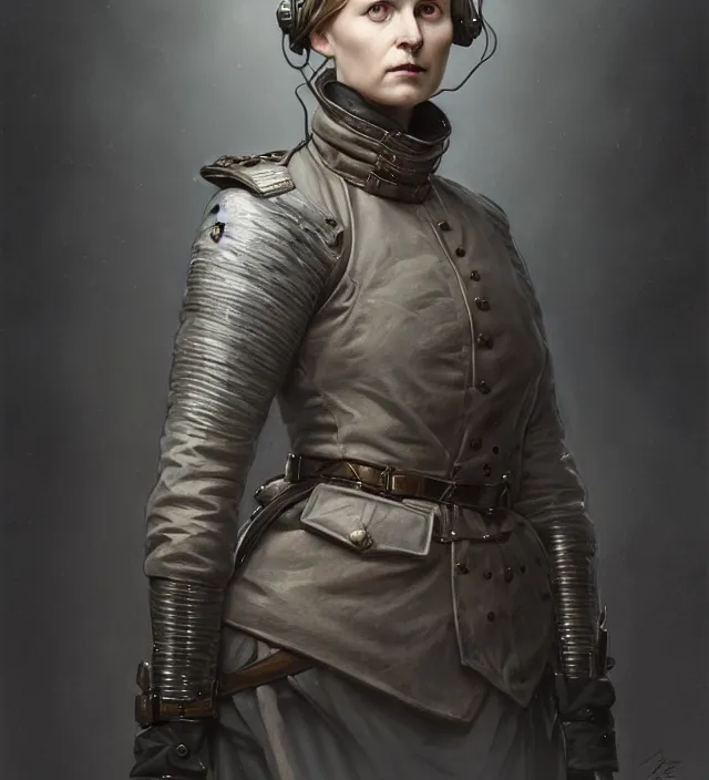 Image similar to portrait of a finnish woman wearing a gray traditional nineteenth century military jacket, metal shoulder pauldrons, intricate, highly detailed, digital painting, artstation, concept art, sharp focus, cinematic lighting, illustration, art by artgerm and greg rutkowski, alphonse mucha, cgsociety