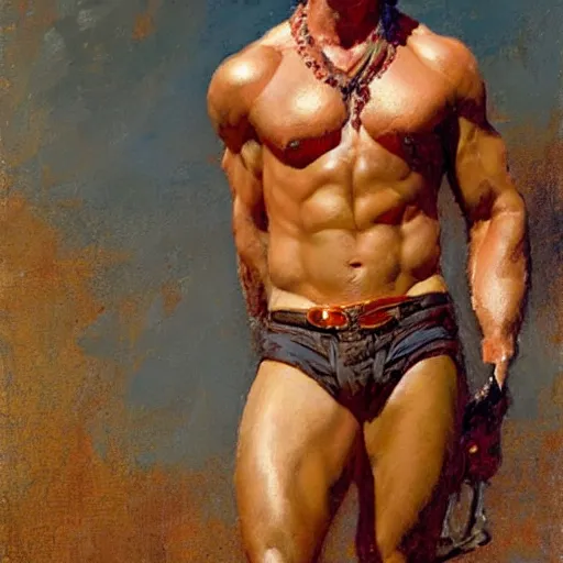 Image similar to Chris Hemsworth with a hairy shredded body type, painting by Gaston Bussiere, Craig Mullins
