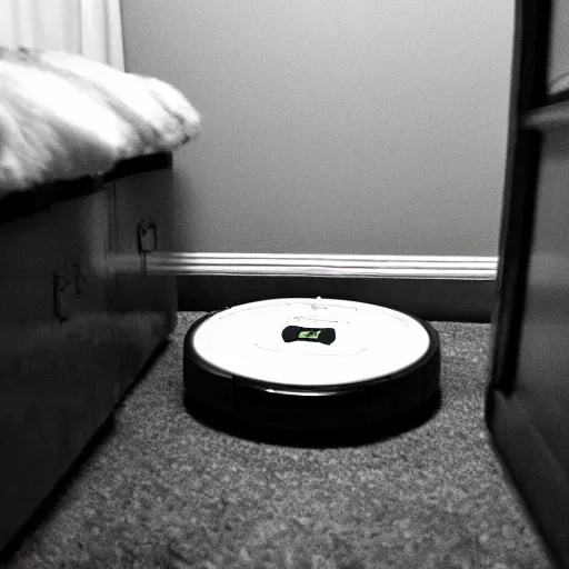 Prompt: grainy photo of a roomba as a creepy monster in a closet, harsh flash