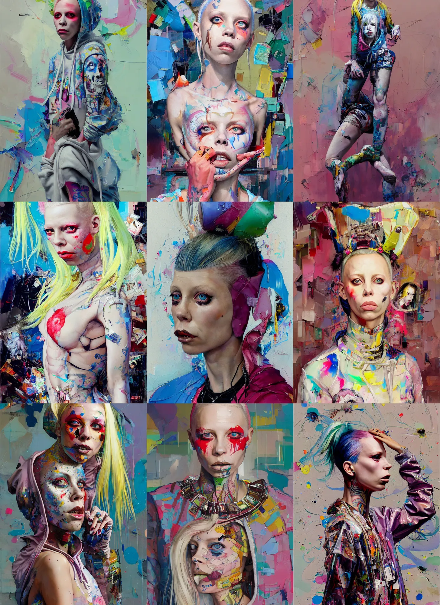 Prompt: pretty face yolandi visser in the style of martine johanna and donato giancola, wearing hoodie, standing in township street, street fashion outfit,!! haute couture!!, full figure painting by john berkey, david choe, ismail inceoglu, pastel color palette, detailed impasto, 2 4 mm lens