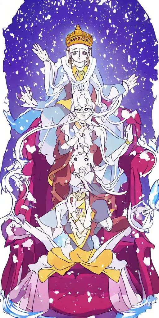 Prompt: a spiritual guru sitting on a throne of ice drawn by studio trigger, in the style of Little Witch Academia, spiritual enlightenment, tarot card
