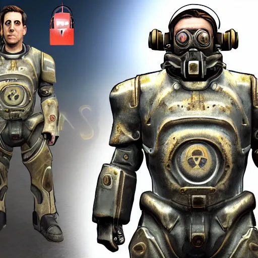 Image similar to Michael Scott in a fallout power armor, fallout4, rtx, raytracing, unreal engine, hyper realistic, sun rays