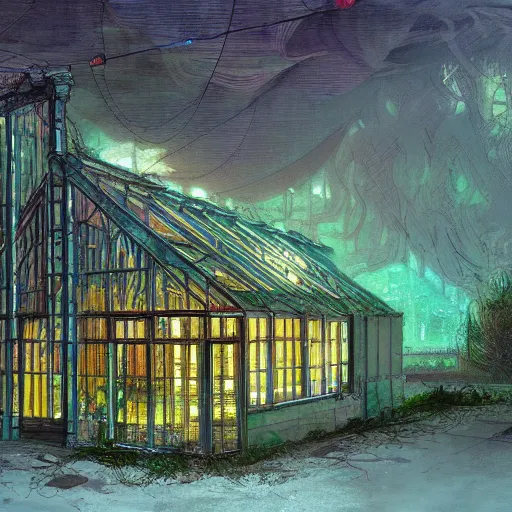 Prompt: concept art of an abandoned greenhouse at night with subtle psychedelic alterations by john howe and henry ossawa tanner, trending on artstation, hyperrealism, highly detailed, art gallery, museum piece