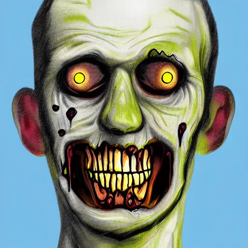 Image similar to smiling zombie portrait, digital art