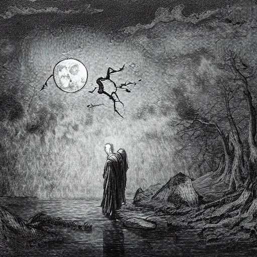 Image similar to wanderer, lake, forest, dark clouds, angels, demons, moon, nightsky, moonrays, shadows, high detail, gorgeous view, depth, illustration by Gustav Doré