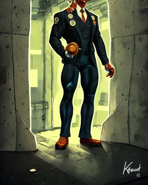 Prompt: luigi bodybuilder in a expensive suit, ernest khalimov body by krista sudmalis, fantasy character portrait, ultra realistic, futuristic background by laurie greasley, concept art, intricate details, highly detailed by greg rutkowski, ilya kuvshinov, gaston bussiere, craig mullins, simon bisley