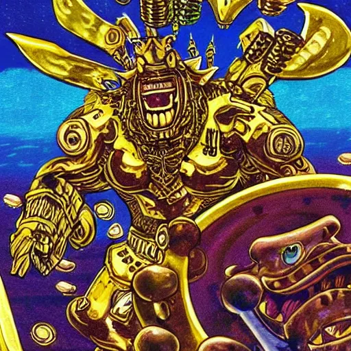 Prompt: A beautiful, highly detailed illustration of the intimidating 'last boss of gambling' in an SNES instruction manual