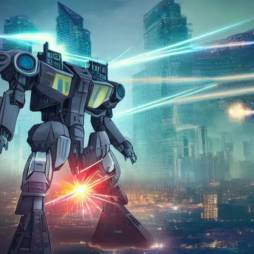 Prompt: A highly detailed photo of a giant futuristic mech launching missiles and firing lasers in a city