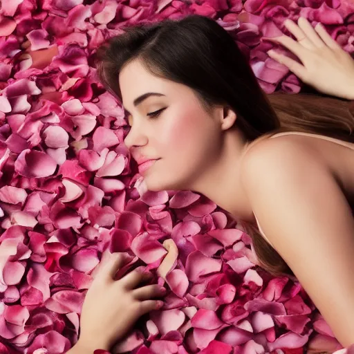 Image similar to woman laying in a pool of rose petals, movie poster, realistic, soft lighting, professional