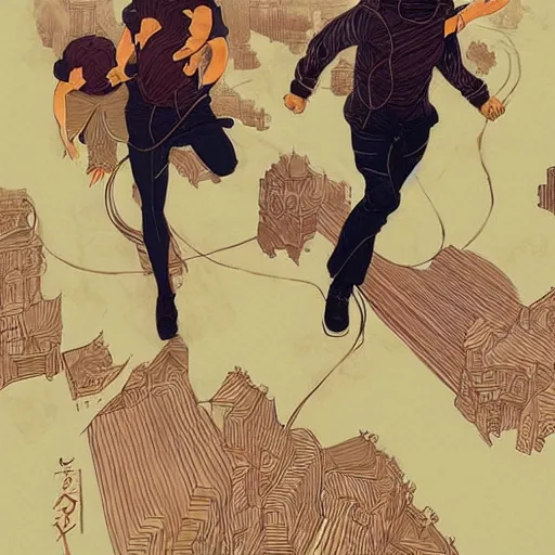 Prompt: a drawing of two men running frantically together, a poster by victo ngai and krenz cushart, pixiv contest winner, art nouveau, official art, wiccan. detailed. beautiful.