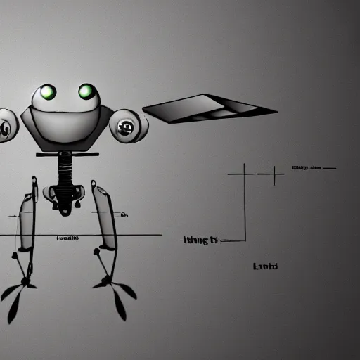 Image similar to blueprint of a flying bird - like robot with cameras for eyes.