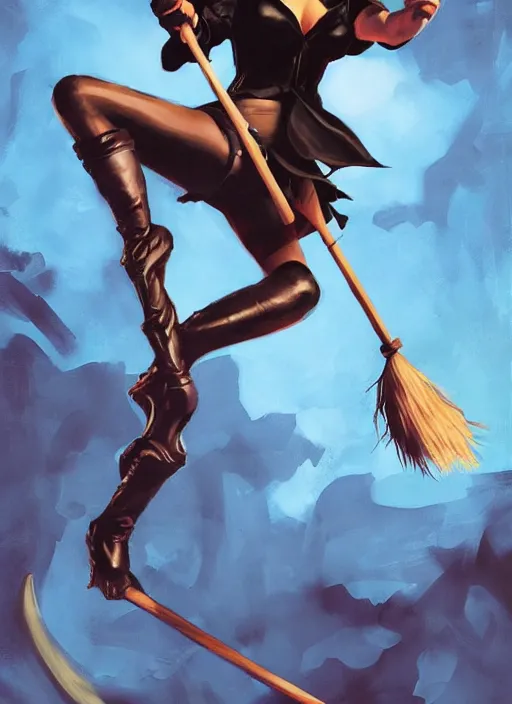 Prompt: pinup of a witch riding a broomstick, by Jeff Simpson and Simon Bisley