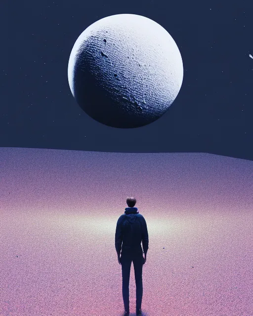 Image similar to a person standing in front of a glowy open door that's on a barren moon, poster art by mike winkelmann, trending on cg society, space art, sci - fi, ue 5, futuristic, volumetric lighting, light casting onto the ground, neat composition and camera angle