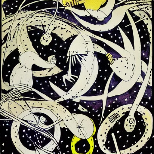 Prompt: ufo invades earth, watercolour painting by Aubrey Beardsley