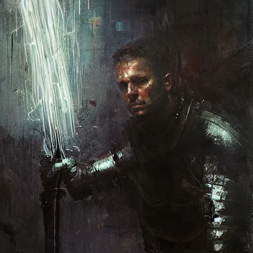 Image similar to knight holds sword made of lightning sparks everywhere, realistic, ultrahd, jeremy mann painting