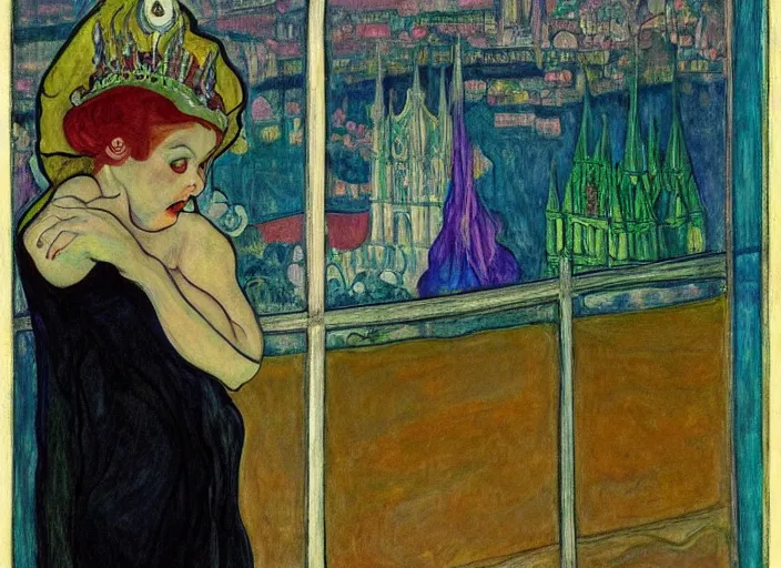 Prompt: woman in transparent vaporous night gown with demonic creature with horns and snout, with city with gothic cathedral seen from a window frame with curtains. vivid iridescent psychedelic colors. munch, egon schiele, bosch, henri de toulouse - lautrec, utamaro, monet, agnes pelton - h 7 0 4