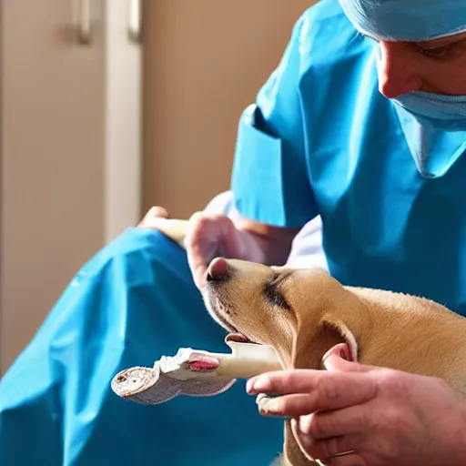 Prompt: a surgeon giving his dog a bone during an operation