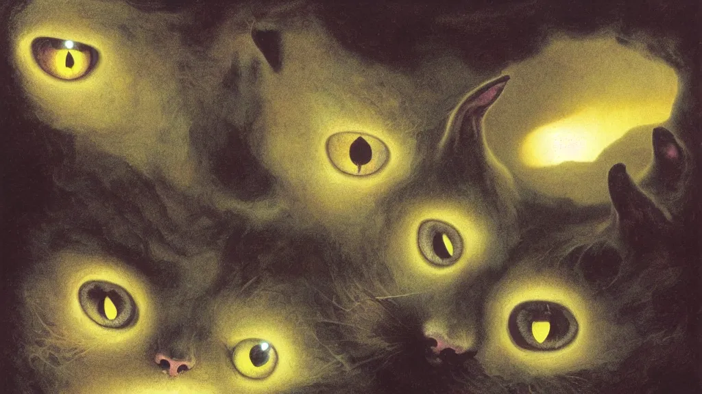 Prompt: kittens with luminous eyes burst out of a dark cave by zdzislaw beksinski and bogdan rezunenko and roger dean.