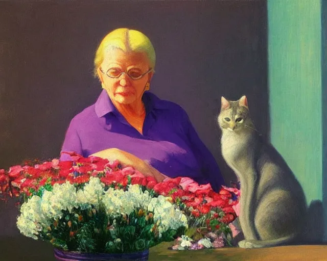 Image similar to detailed portrait of a peaceful old lady and her cat made out of flowers, Edward Hopper, sharp high quality