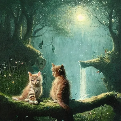 Image similar to two kittens in the enchanted forest watching the fish in the stream, fantasy, intricate, extremely detailed, matte, artstation, art by greg rutkowski, louis wain, alan lee, terry gilecki