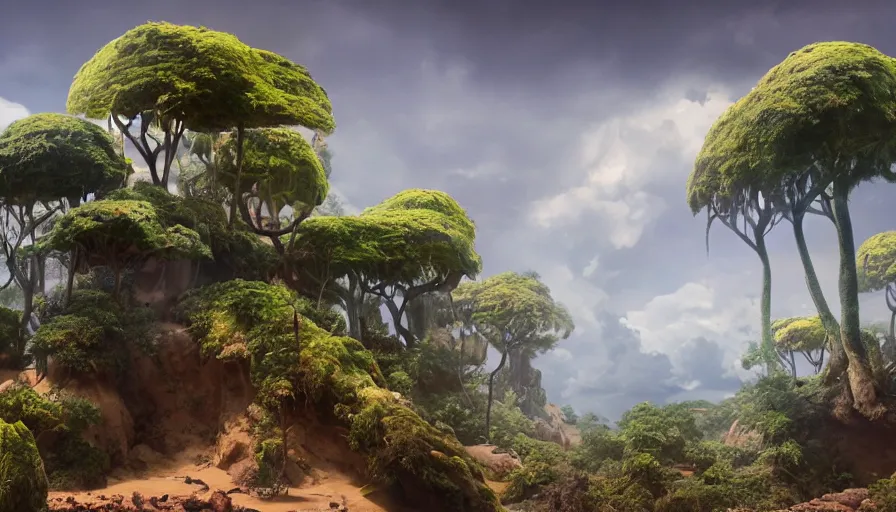 Image similar to beautiful stunning amazing slightly cloudly sky with various differently colored floating islands made of dirt and sand and stone with many varied rainforest forest desert plants and few little animals, landscape, fantasy, wide angle, sharp image, cinematic, concept art, 3d, photorealistic render, octane render, blender cycles, unreal engine, raytracing, volumetric light, photoshop, lightroom, digital art, trending on artstation