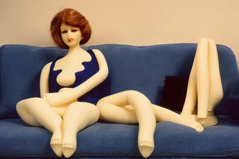 Prompt: an extremely realistic life-sized blow-up doll made of porcelain, model sitting on a deep blue couch, from 1985, bathed in the glow of a television, low-light photograph