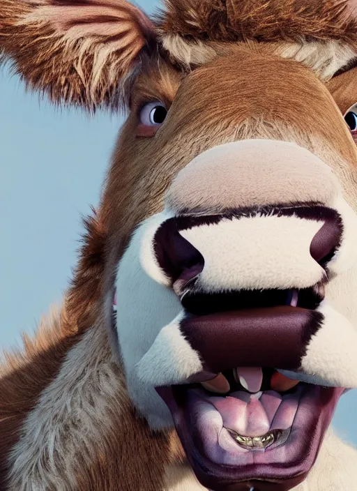 Image similar to an epic portrait of a furry cow showing his teeths, unreal 5, DAZ, hyper realistic, octane render, dynamic lighting