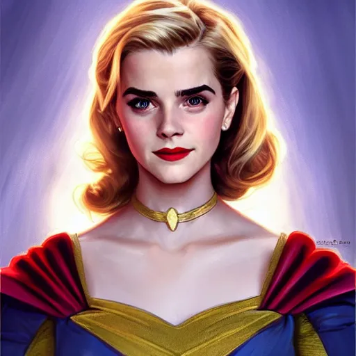 Image similar to A combination of Grace Kelly's and Emma Watson's and Katherine McNamara's faces as Super Girl, western, D&D, fantasy, intricate, elegant, highly detailed, digital painting, artstation, concept art, matte, sharp focus, illustration, art by Artgerm and Greg Rutkowski and Alphonse Mucha