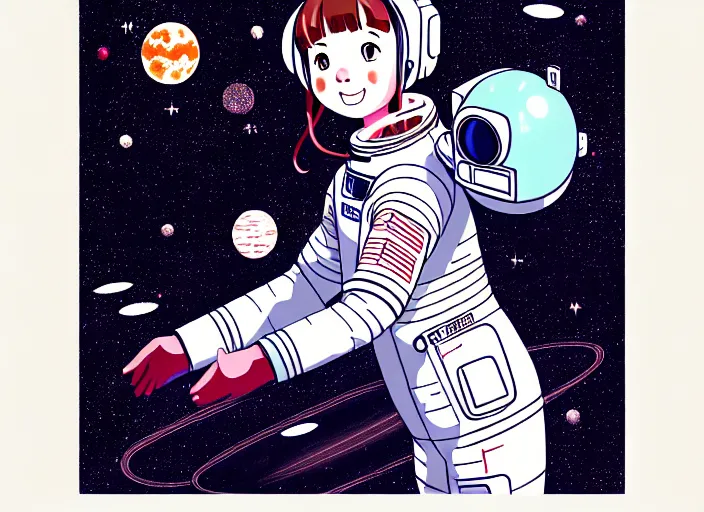 Prompt: portrait of a young astronaut girl floating inside a spacestation,ink stippling, Karolis Strautniekas,omoide emanon, tsuruta kenji, murata range,kawaii, kyoto animation, manga, intricate, detailed, studio lighting, gradation,editorial illustration, matte print, Ilya Kuvshinov