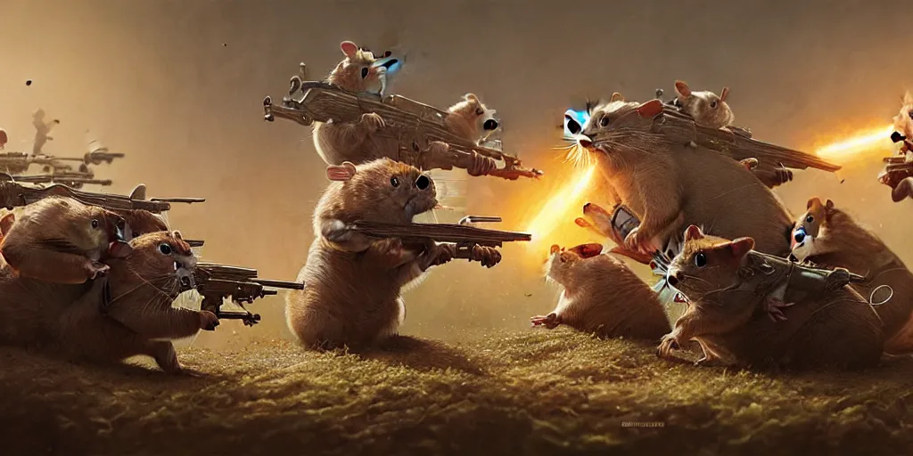 Image similar to highly detailed illustration featuring hamsters in battle, stephen bliss, unreal engine, fantasy art by greg rutkowski, global illumination, radiant light, detailed and intricate environment, hamsters, hamsters holding rifles