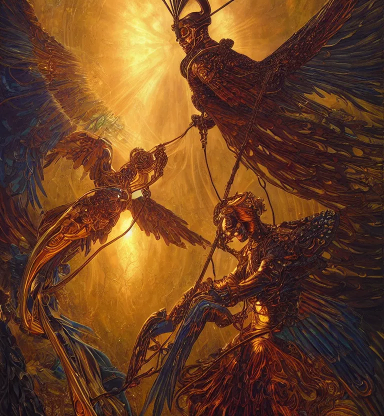 Image similar to a beautiful tarot card artwork of a cyberpunk seraphim in nature, backlit, highly detailed, golden hour, digital painting, by karol bak and justin gerard and dan mumford and artgerm, vivid colors, masterpiece, detailed shading, 8 k resolution, intricate, smooth