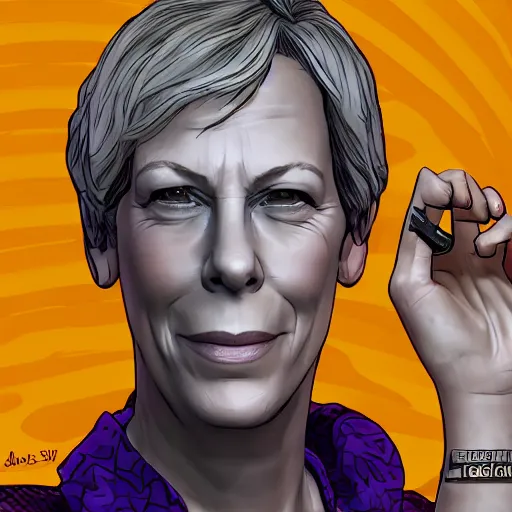 Prompt: jamie lee curtis portrait, borderlands, tales from the borderlands, the wolf among us, comic, cinematic lighting, studio quality, 8 k