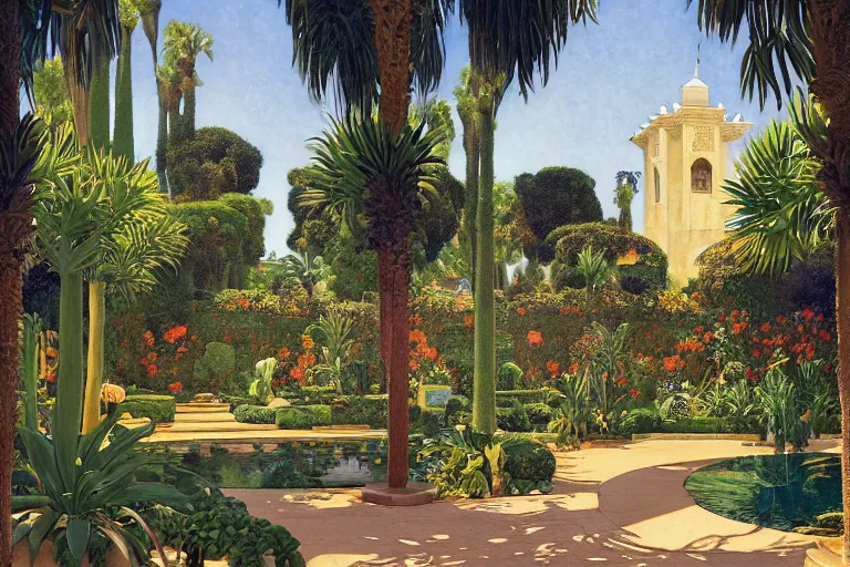 Image similar to painting of a beautiful moorish palace courtyard garden, by maxfield parrish and evelyn de morgan and waterhouse and dante rossetti, patterned tilework, palm trees, tiled fountains, sun and shade, extremely detailed, dramatic cinematic lighting, smooth sharp focus, featured on artstation