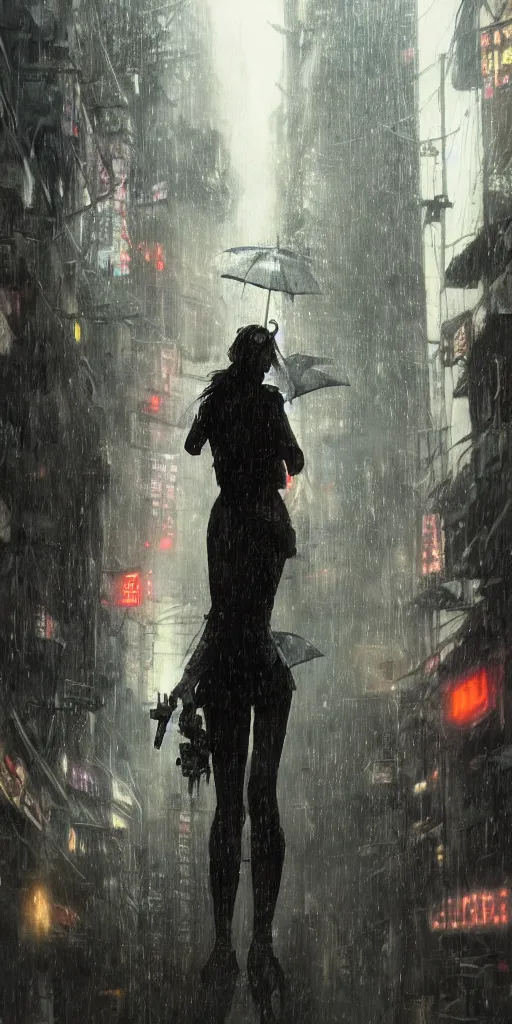 Image similar to a concept art landscape of a woman in the foreground, back to camera, standing in a claustrophobic neotokyo city, standing in the rain with an umbrella, wet, emphasis on tall buildings, dirty, low angle, neotokyo, japanese by greg rutkowski, highly detailed background, intricate