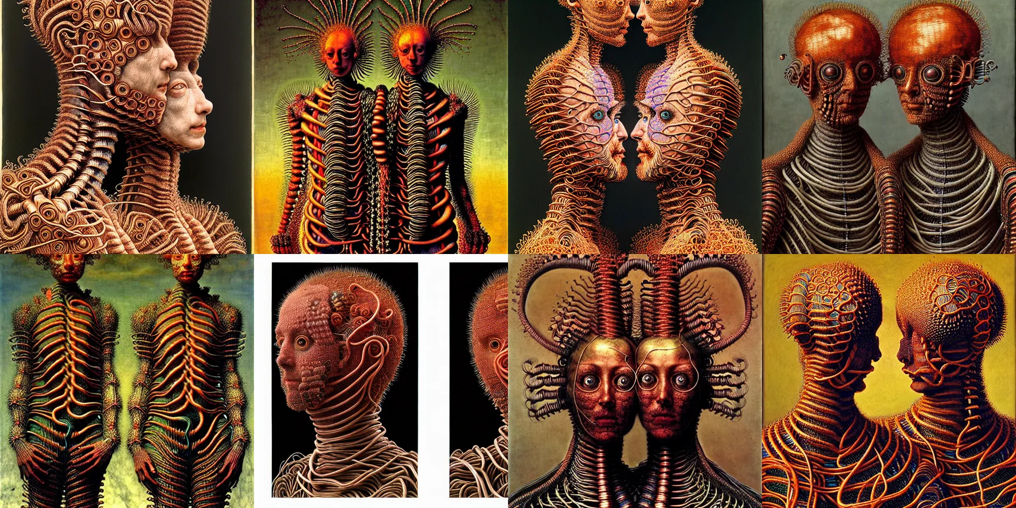 Prompt: fully featured siamese twins made of fractal coils of colored electrical wires, intricate ( ( ( armor made of fractal coils of copper wire ) ) ), highly detailed, by giuseppe arcimboldo and ambrosius benson, ( renaissance ), ( beksinski ), realistic, high definition