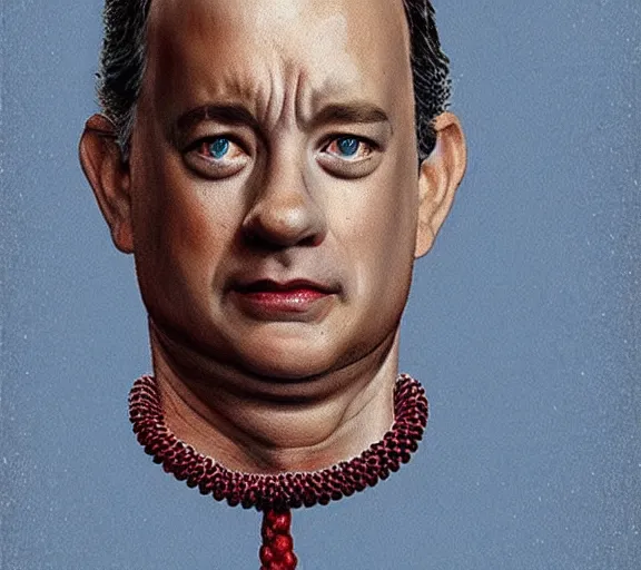 Image similar to Tom hanks as forrest gump wearing a necklace made out of shrimps, realistic face, digital art, in the style of Raphael Lacoste, amazing detail, artstation