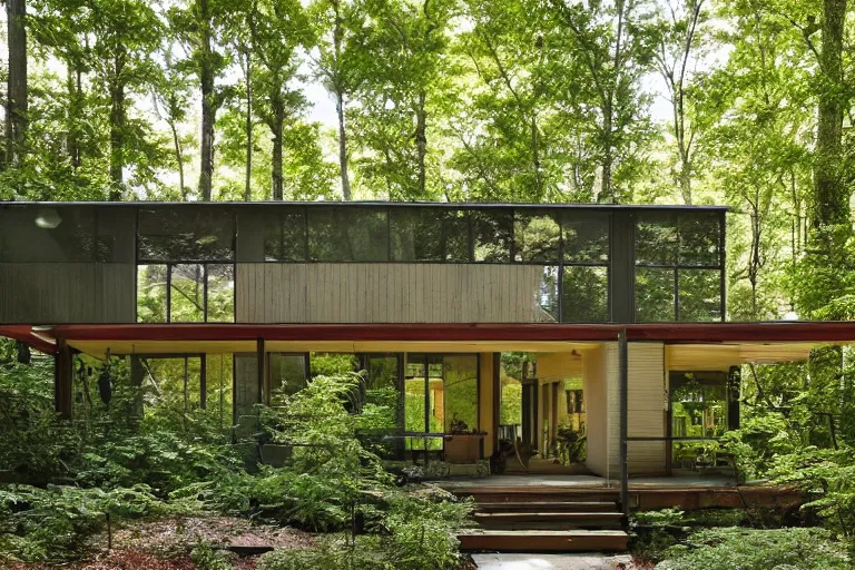 Image similar to mid - century modern home, three stories with a front porch and balcony, nestled into a clearing in a forest, light shining through the foliage
