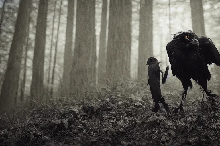 Image similar to werecreature consisting of a crow and a human, photograph captured in a dark forest