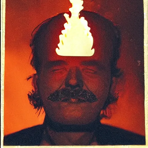 Image similar to a vintage photograph of a man with their head on fire. in the style of frank cho and casey baugh