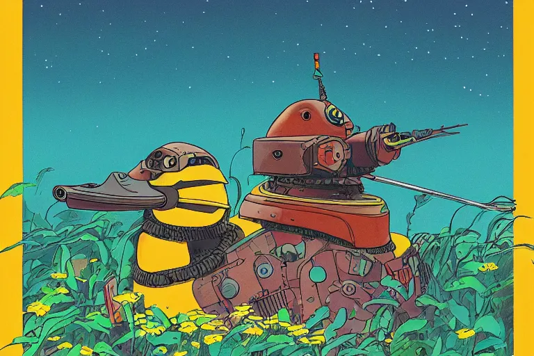 Image similar to illustration of a heavily armoured mechanical duck by studio ghibli, ominous, vivid colors, colorful