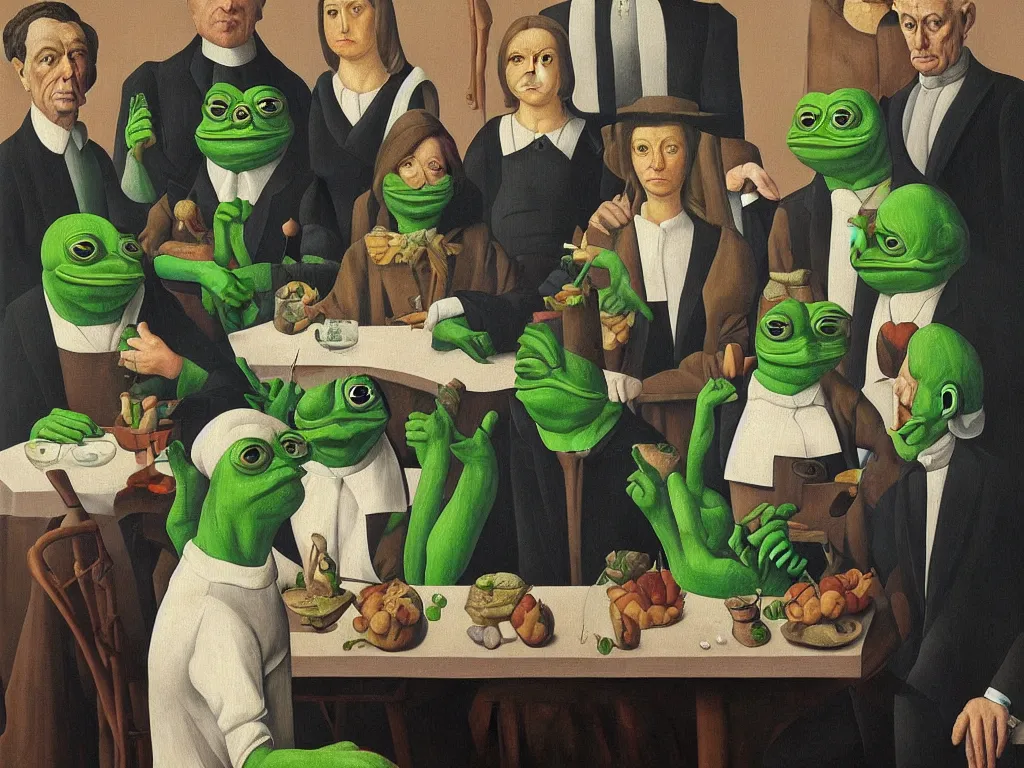 Image similar to pepe the frog last supper painting magritte, renaissance, american gothic