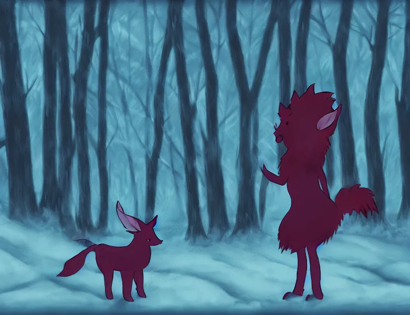 Prompt: magical fae animal spirit in the winter woods. limited palette, western 2 d animation from the 2 0 1 0 s, backlighting, bold composition, depth of field.