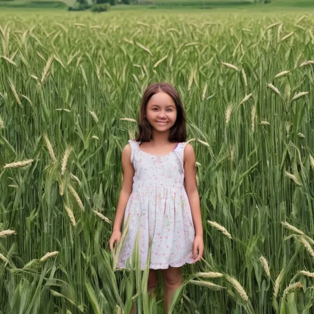 Prompt: A girl standing in a field, facing the wheat field, with the woods behind her