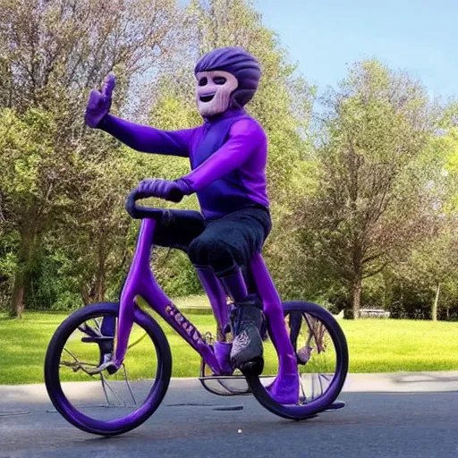 Image similar to thanos riding a bike with training wheels, sunny day,