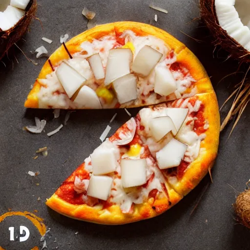 Prompt: A coconut ((🍕)) made entirely out of 🥥 , 🥥 🍕 hybrid, 4k food photography