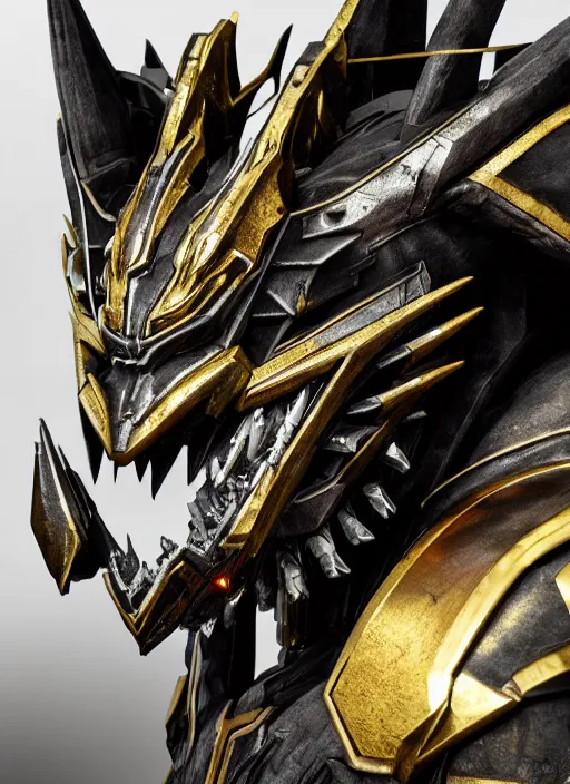 Image similar to hyper realistic glorious ancient wargreymon in a obsidian metal armor, futuristic design, designed by makoto kobayashi and luca zampriolo, portrait, cyberpunk style, wood and gold details, intricate, extremely detailed, ornate, deep of field, hard surface, exoskeleton, substance designer metal unreal engine. amazing likeness. very detailed.