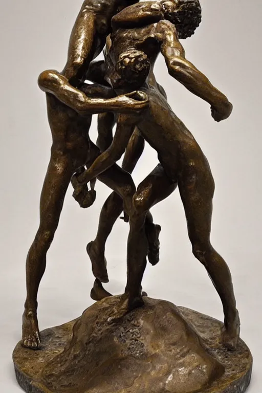 Prompt: a beautiful bronze sculpture of a fighting scene beetwen david and goliath by christophe charbonnel, rust and plaster materials